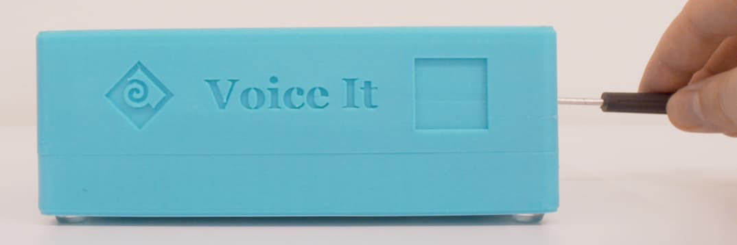 A 3D-printed Voice It box with ascrewdriver in switch on the side